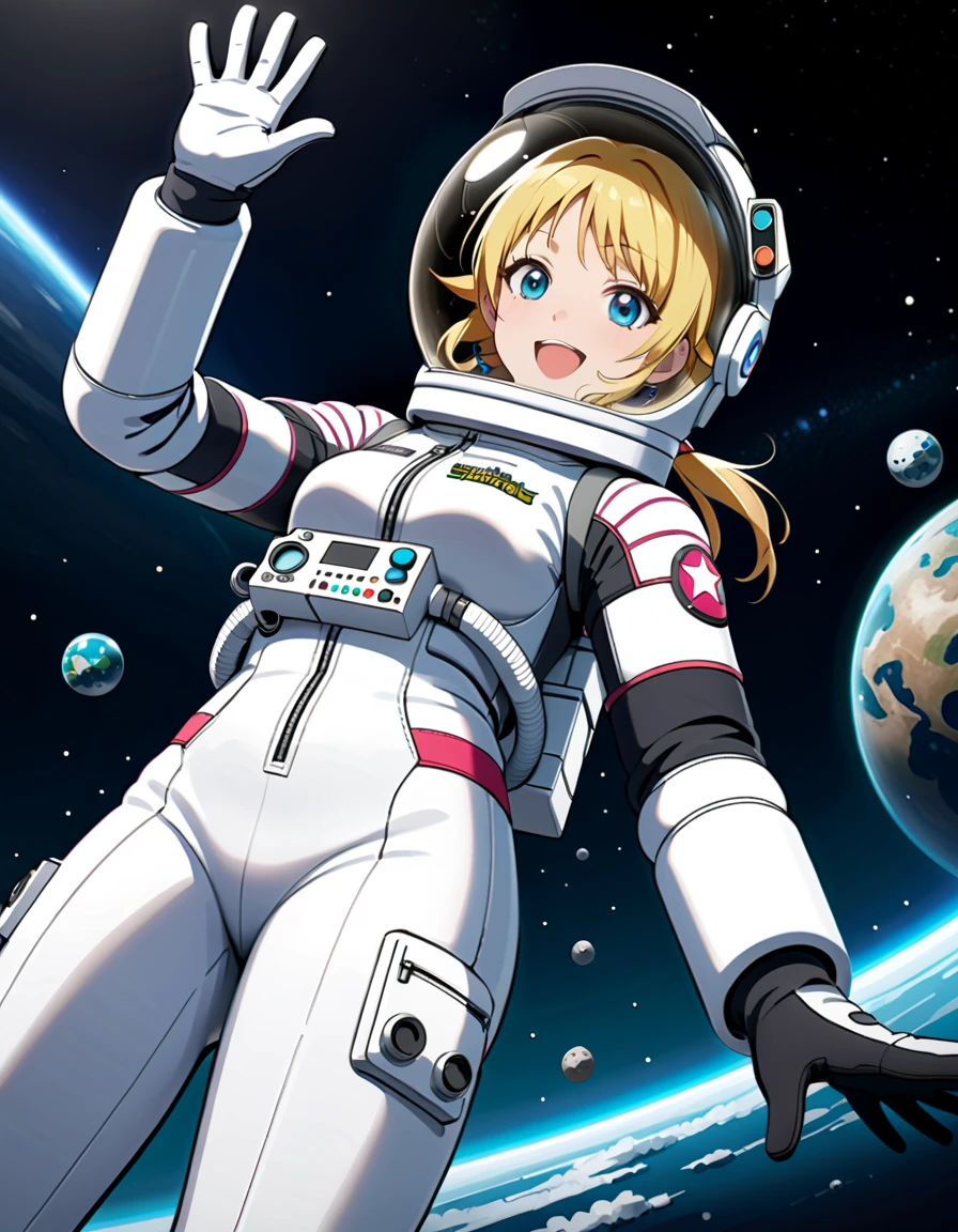 (spacesuit:1.15), white cargo pants, astronaut)bubble helmet, space helmet, white gloves , , looking close at you, outer space, floating, masterpiece, best quality, 1girl, beautiful,  image from below, solo, ,hachimiya meguru, blonde hair, short hair, blue eyes, happy, waving, fullbody