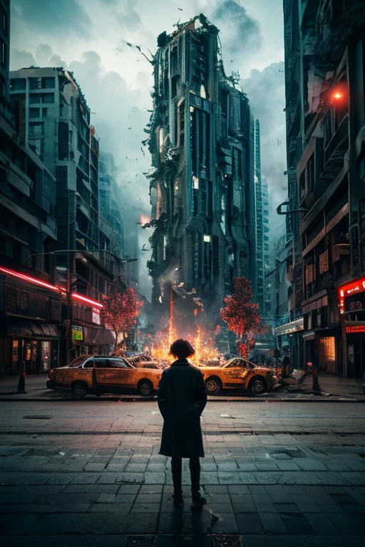 an apocalyptic city, landscape, impressionist, vibrant colors --auto --s2