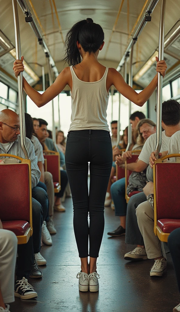 norman_rockwell_style, A Latina womwide angle, panoramic view, jc leyendecker, norman rockwell, michaelangelo, caravaggio, A young man, barefoot, slender, very tall, latino, realistic skin, gorgeousan, white skin, black hair, she is standing on the bus with her arms outstretched holding onto the bus handles, she is dressed in black pants, tennis shoes, a sleeveless blouse that shows her dark armpits, the people on the bus look at the woman's armpits with disgust and loathing.