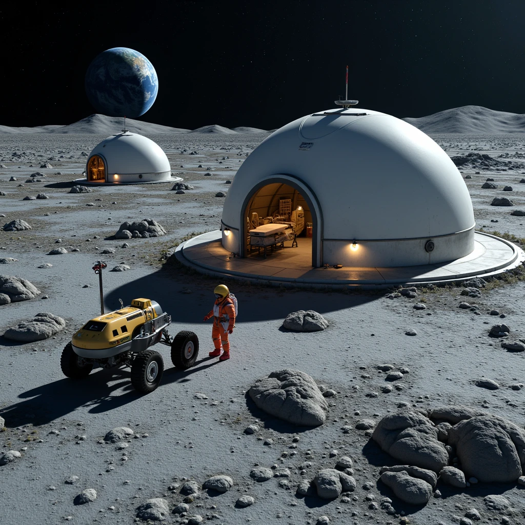  From a bird's-eye view, we see the 2035 lunar base , , it consists of several matte domes glass and metal of different sizes connected by passages, lunar hangars , of a landing pad with a shuttle ( space briefcase , reusable spacecraft ),  with communication masts and lanterns illuminating the perimeter of the base , . The base is located on the gray lunar surface , in the distance can see planet Earth and the stars ,  photorealism ,sci-fi,8k render,HDR color, rover with a sealed cabin  ( to explore other futuristic planets ), a couple of people in spacesuits are doing their job repairing communications,