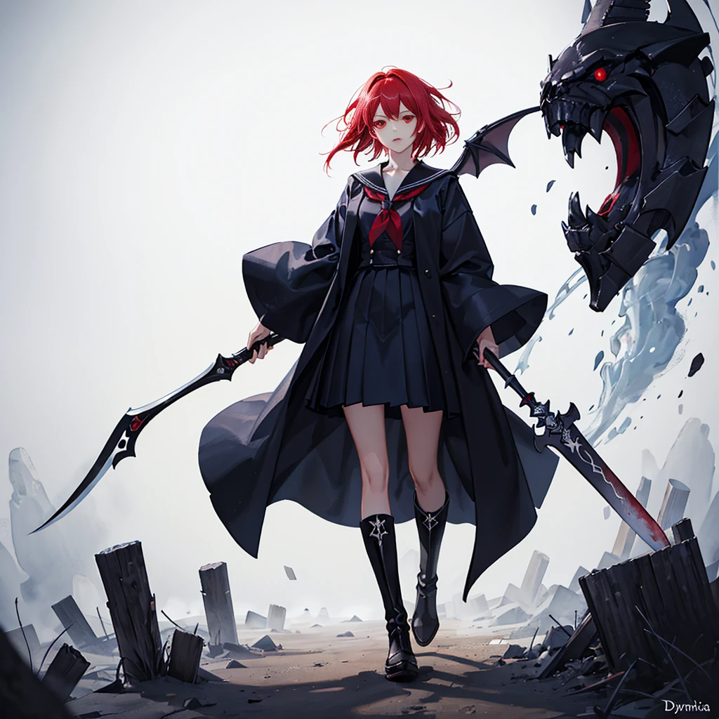   1 girl、(masterpiece,   best quality),(  detailed hair),   super detailed, Anime Style, whole body,   high school girl  、   she's wearing a black sailor suit 、 、   has milky white and red hair and short hair 。.、red eyes、 Put on your boots,   Digital Painting  , 8k high resolution, whole body, White background,    in a dynamic pose where she focuses on her pussy  、Standing on a deserted place  、big blade、   vampire hunters active only at night   、   Dracula supporting the dynamic composition、grim Reaper&#39;Sickle、 Lightsaber、Bright red full moon、