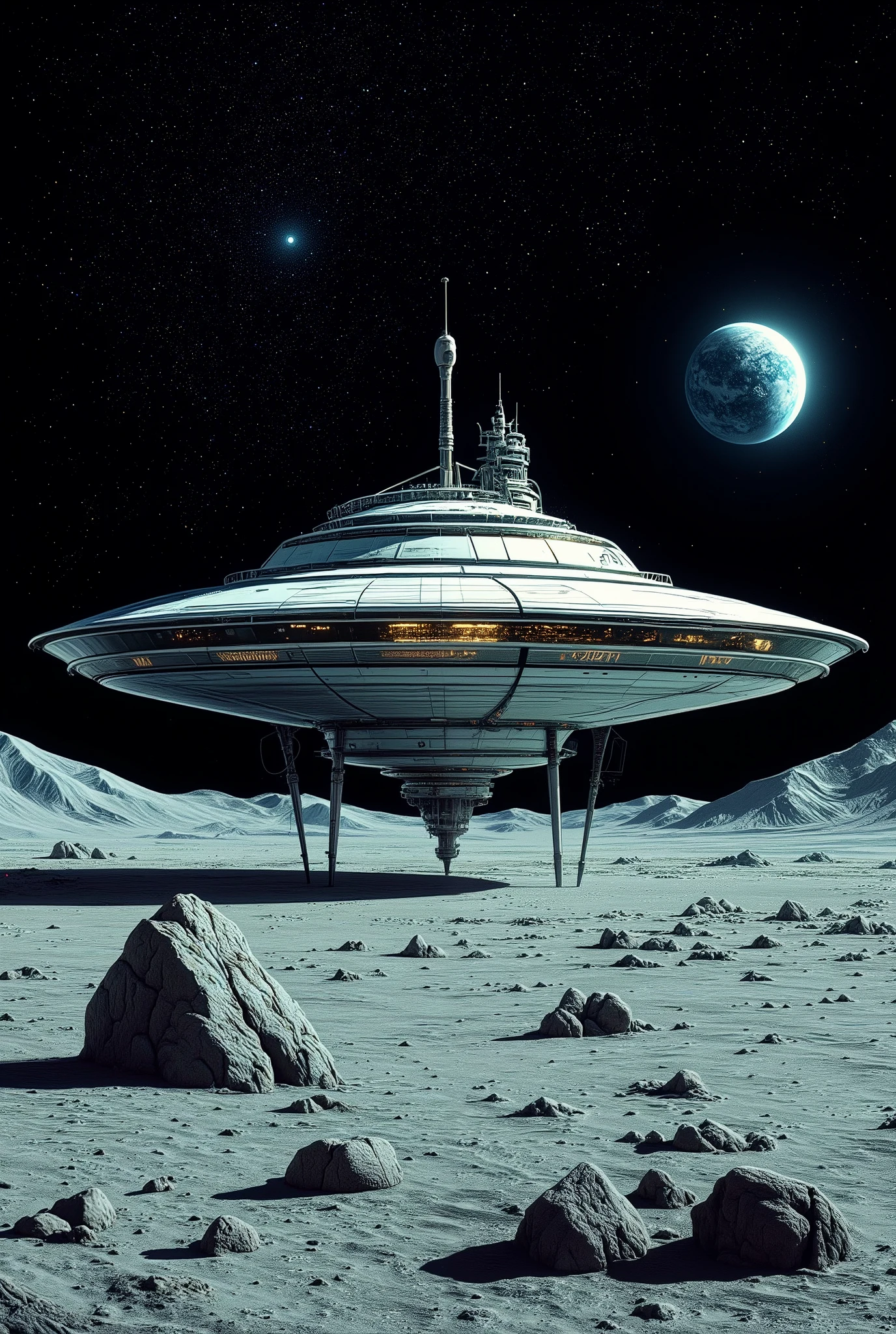 A saucer-shaped, futuristic building built on the surface of the moon. Supported by several steel pillars, the building seems to float in midair. A building that can be extended forever from the center outward in a spiral shape. It is already about 1 km in diameter. There is no air outside, so people can only live in buildings. Thousands of stars in the sky. The blue earth is also visible. In the distance, craters on the moon can be seen, but no large mountains are visible.