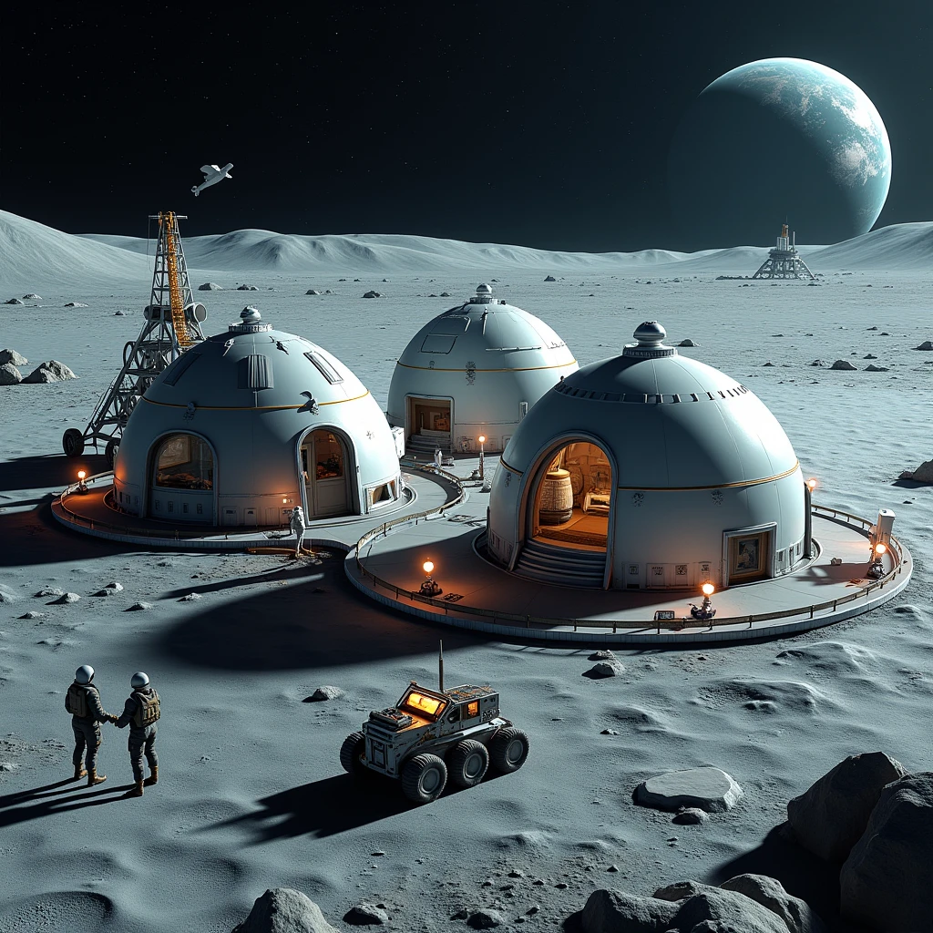  From a bird's-eye view, we see the 2035 lunar base , , it consists of several matte domes glass and metal of different sizes connected by passages, lunar hangars , of a landing pad with a shuttle ( space briefcase , reusable spacecraft ),  with communication masts and lanterns illuminating the perimeter of the base , . The base is located on the gray lunar surface , in the distance can see planet Earth and the stars ,  photorealism ,sci-fi,8k render,HDR color, rover with a sealed cabin  ( to explore other futuristic planets ), a couple of people in spacesuits are doing their job repairing communications,