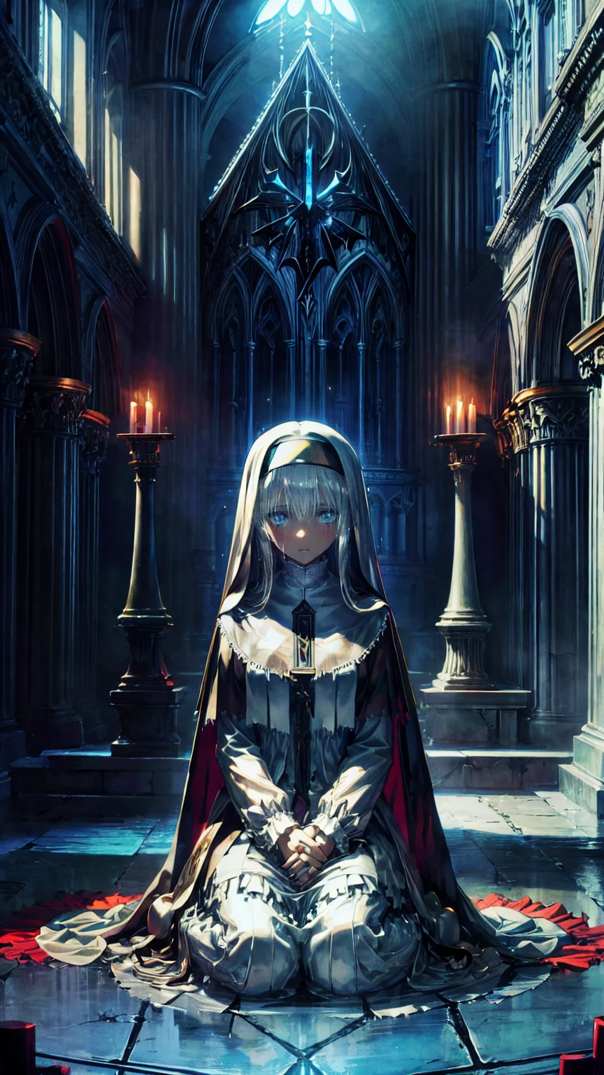 Illustration,  best quality,  1 girl,  Nun with Silver Hair and Light Blue Eyes  , Broken Wall Above  ,  Holding Hands and Praying  , solemn look  ,  Dark Church of Satan Worship  ,Devil's statue ,  Dark Nun with No Immaculate Windows , Candlelight only ,  dark and gloomy ,  Despair and Helplessness  ,  gothic and eerie atmosphere  ,  Dark Nun Clothes Reflecting Shadows 
