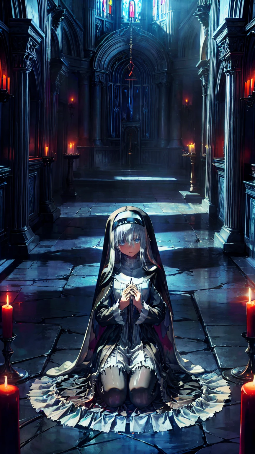 Illustration,  best quality,  1 girl,  Nun with Silver Hair and Light Blue Eyes  , Broken Wall Above  ,  Holding Hands and Praying  , solemn look  ,  Dark Church of Satan Worship  ,Devil's statue ,  Dark Nun with No Immaculate Windows , Candlelight only ,  dark and gloomy ,  Despair and Helplessness  ,  gothic and eerie atmosphere  ,  Dark Nun Clothes Reflecting Shadows 
