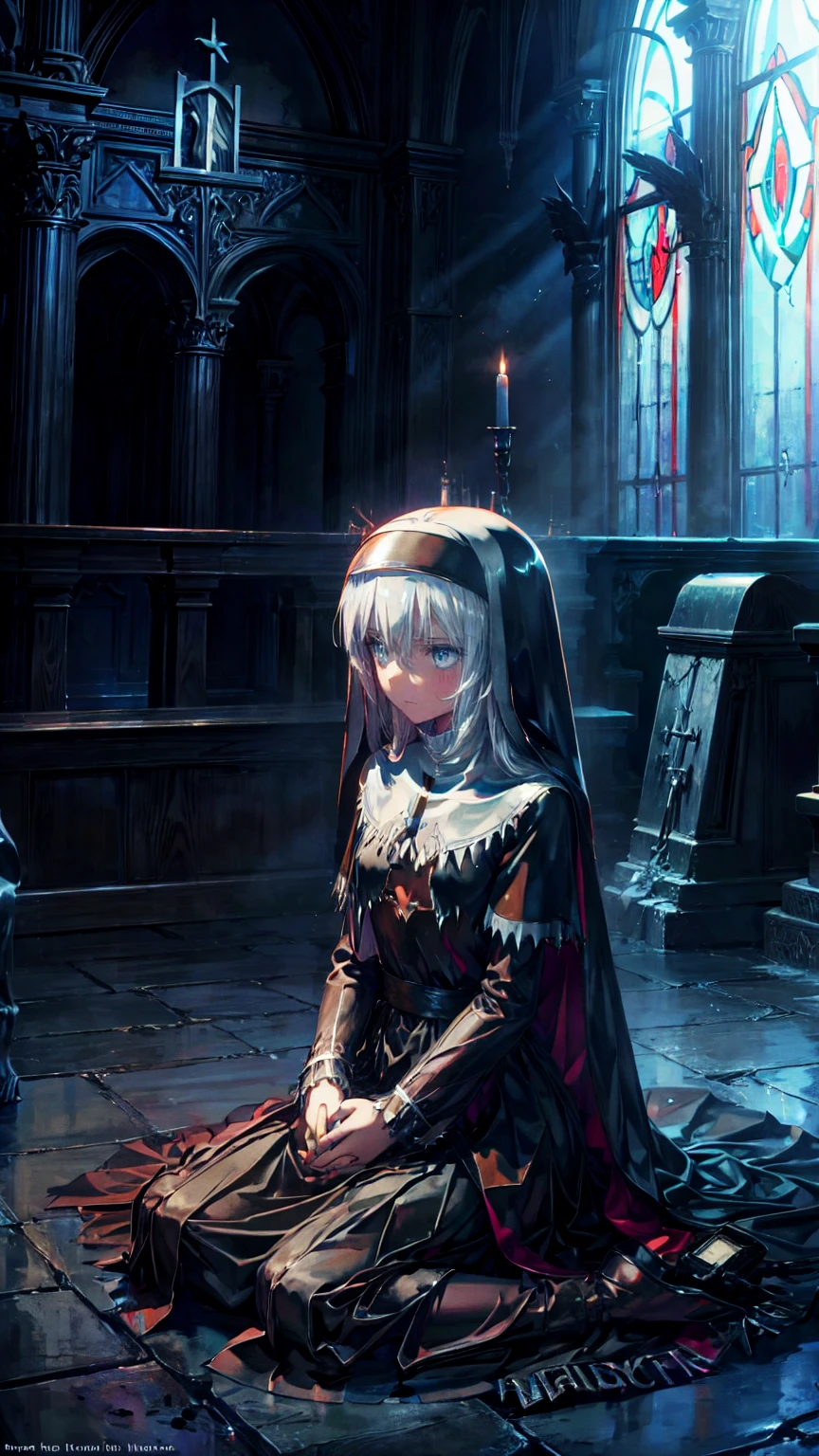 Illustration,  best quality,  1 girl,  Nun with Silver Hair and Light Blue Eyes  , Broken Wall Above  ,  Holding Hands and Praying  , solemn look  ,  Dark Church of Satan Worship  ,Devil's statue ,  Dark Nun with No Immaculate Windows , Candlelight only ,  dark and gloomy ,  Despair and Helplessness  ,  gothic and eerie atmosphere  ,  Dark Nun Clothes Reflecting Shadows 
