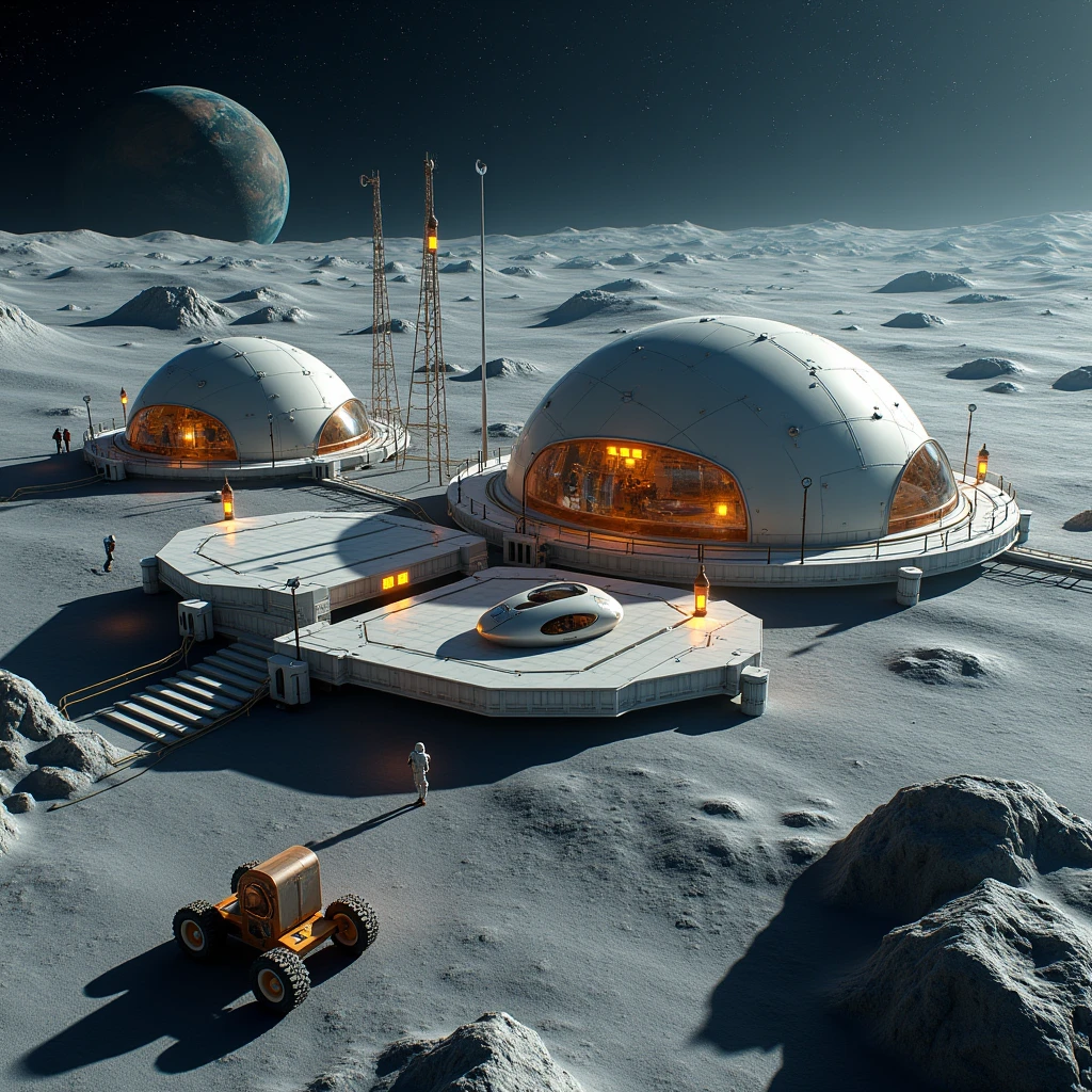  From a bird's-eye view, we see the 2035 lunar base , , it consists of several matte domes glass and metal of different sizes connected by passages, lunar hangars , of a landing pad with a shuttle ( space briefcase , reusable spacecraft ),  with communication masts and lanterns illuminating the perimeter of the base , . The base is located on the gray lunar surface , in the distance can see planet Earth and the stars ,  photorealism ,sci-fi,8k render,HDR color, rover with a sealed cabin  ( to explore other futuristic planets ), a couple of people in spacesuits are doing their job repairing communications,