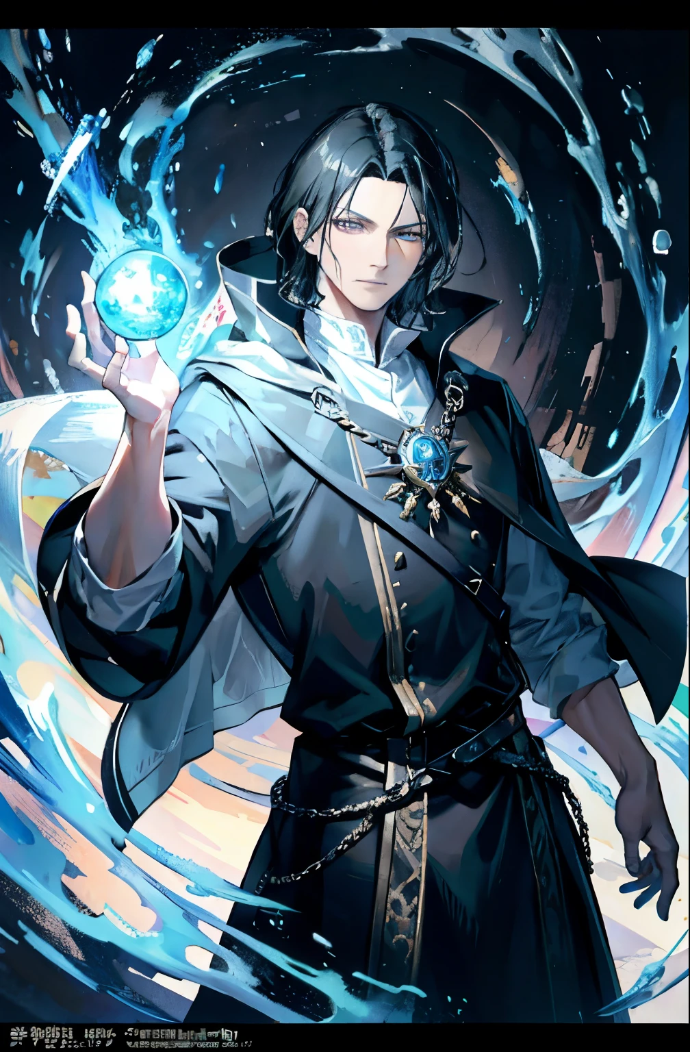 ((ultra-detailed , masterpiece, 4k)) dynamic pose, man, 40 years old, detailed eyes, full-length, serious face, black hair, fantasy-style clothing, priest, temple background