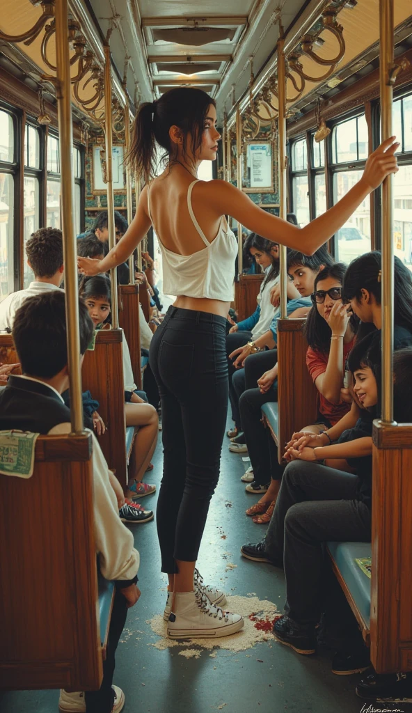 norman_rockwell_style, A Latina womwide angle, panoramic view, jc leyendecker, norman rockwell, michaelangelo, caravaggio, A young man, barefoot, slender, very tall, latino, realistic skin, gorgeousan, white skin, black hair, she is standing on the bus with her arms outstretched holding onto the bus handles, she is dressed in black pants, tennis shoes, a sleeveless blouse that shows her dark armpits, the people on the bus look at the woman's armpits with disgust and loathing.