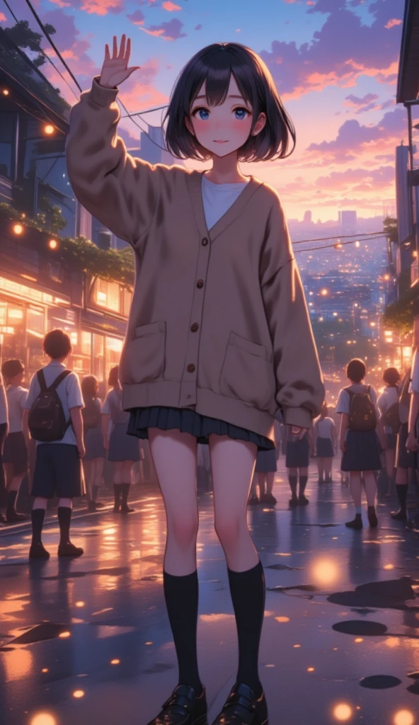  one girl, (Twilight Sky), Stand and wave, School Area, cityscape, scenery,  school cardigan in the midst of crowds, ( Sleeves Are Longer Than Your Wrist ), Strong Loafers, Black ash hair on two sides,  Short Bang ,   Beautiful Dark Eyes  ,  black knee socks ,  Movie Lighting,  upper body, :3,