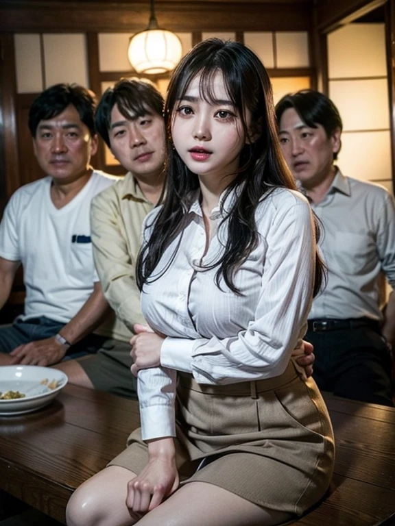  ****ung Japanese woman、( solo focus 、 1 woman is sandwiched between several middle-aged men)、 cute、Drunk、 black hair、Hair clip、 has big breasts、 white cutter shirt 、 gray flare skirt 、（Surrounded by several Japanese middle-aged men )、Drinking 、The living room of an old share house、indoor、whole body、 anatomically correct、 masterpiece、 High Quality、 Very detailed、4K