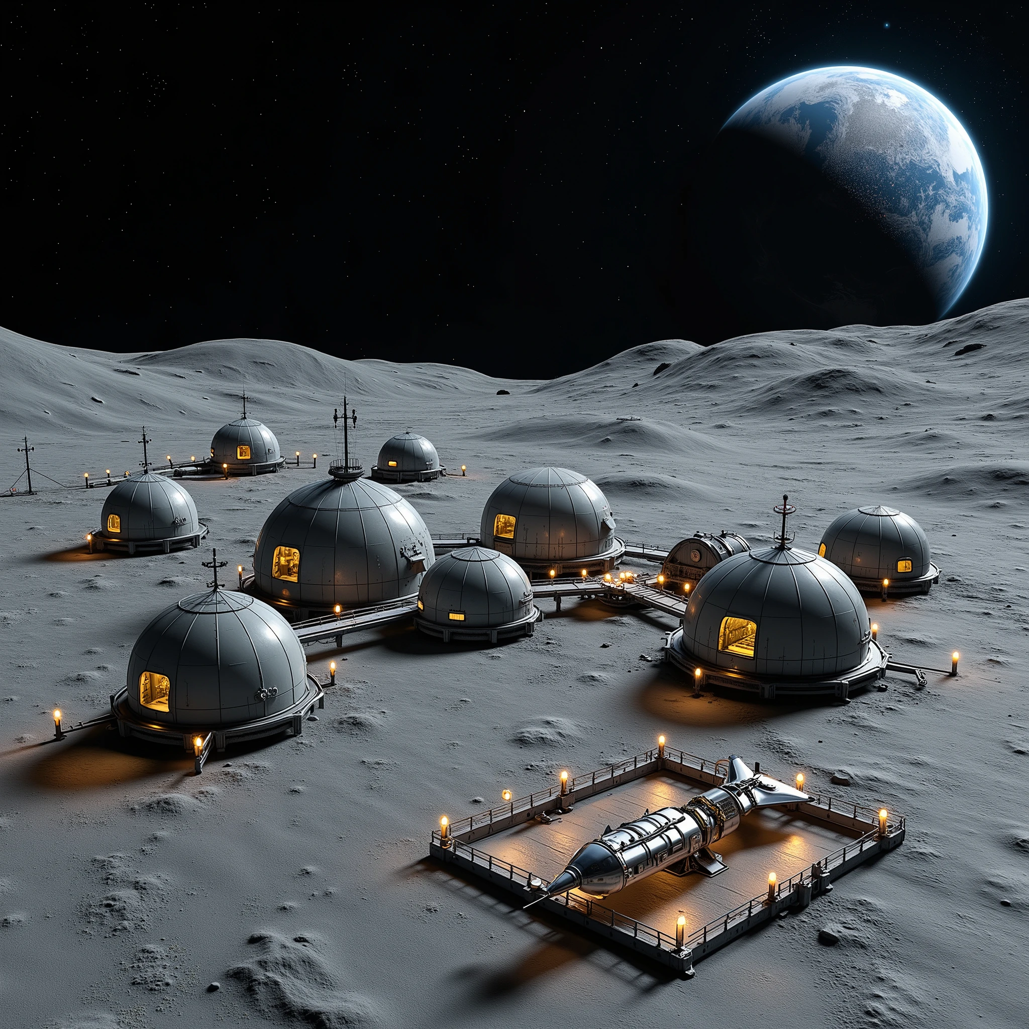  From a bird's-eye view, we see the 2035 lunar base , , it consists of several matte domes glass and metal of different sizes connected by passages, lunar hangars , of a landing pad with a shuttle ( space briefcase , reusable spacecraft ),  with communication masts and lanterns illuminating the perimeter of the base , . The base is located on the gray lunar surface , in the distance can see planet Earth and the stars ,  photorealism ,sci-fi,8k render,HDR color, rover with a sealed cabin  ( to explore other futuristic planets ), a couple of people in spacesuits are doing their job repairing communications,