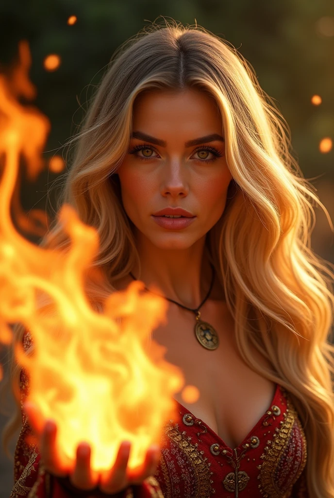 masterpiece, Best Quality, (beautiful face: 1.1), (realist: 1.5) (blonde witch, marischa becker, 30 year old woman, fire magic: 1.3), Upper part of the body