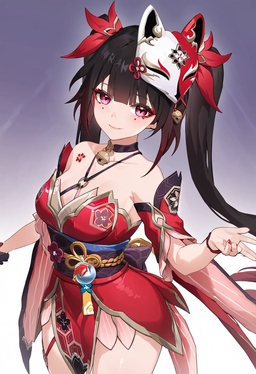 ((best quality, amazing quality, very aesthetic, highres, incredibly absurdres, retouched, smooth lines, excellent color,shiny skin )), sparkle_(honkai:_star_rail)  ,twintails, hair ornament, off shoulder kimono, mask on head, detached sleeves, choker, obi, single glove, cross-laced sandals, wristband, criss-cross halter, thigh strap
