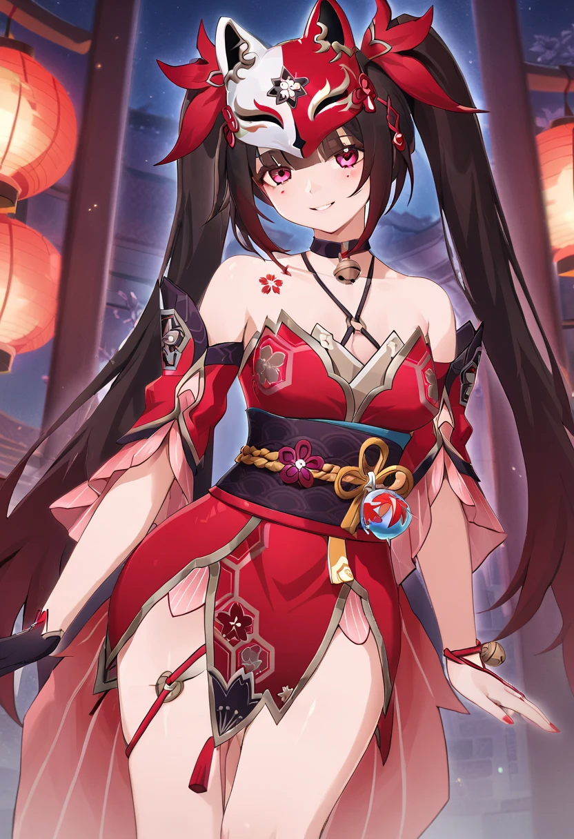 ((best quality, amazing quality, very aesthetic, highres, incredibly absurdres, retouched, smooth lines, excellent color,shiny skin )), sparkle_(honkai:_star_rail)  ,twintails, hair ornament, off shoulder kimono, mask on head, detached sleeves, choker, obi, single glove, cross-laced sandals, wristband, criss-cross halter, thigh strap
