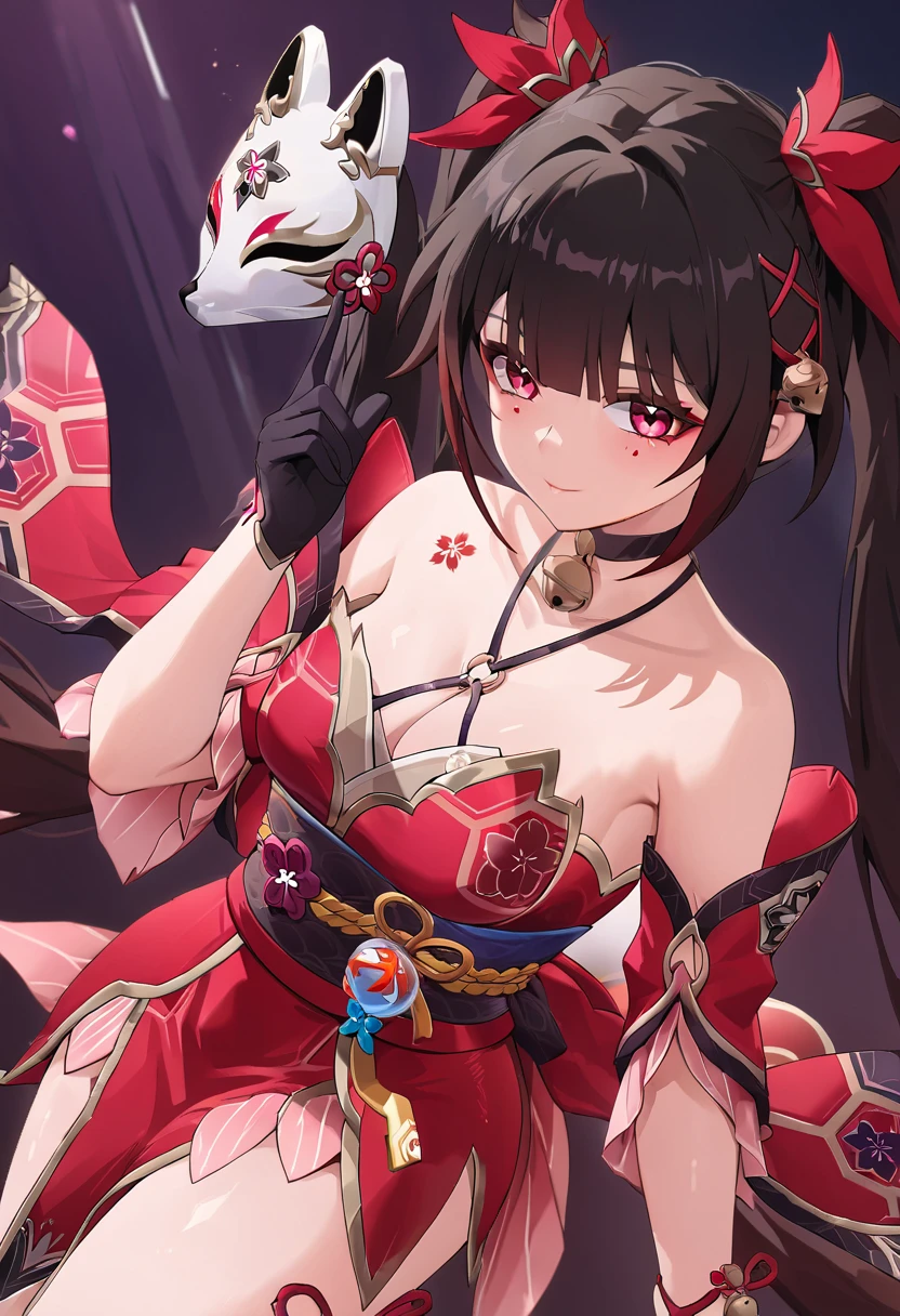 ((best quality, amazing quality, very aesthetic, highres, incredibly absurdres, retouched, smooth lines, excellent color,shiny skin )), sparkle_(honkai:_star_rail)  ,twintails, hair ornament, off shoulder kimono, mask on head, detached sleeves, choker, obi, single glove, cross-laced sandals, wristband, criss-cross halter, thigh strap
