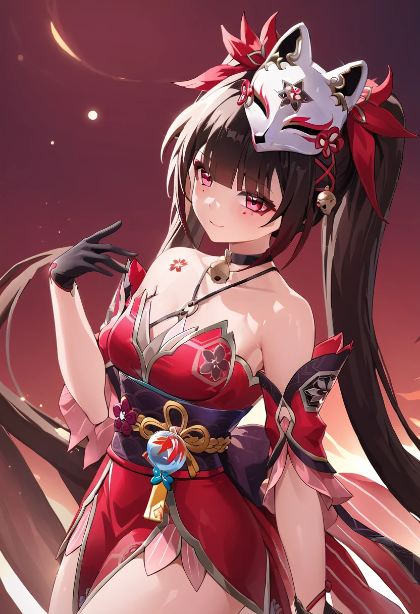 ((best quality, amazing quality, very aesthetic, highres, incredibly absurdres, retouched, smooth lines, excellent color,shiny skin )), sparkle_(honkai:_star_rail)  ,twintails, hair ornament, off shoulder kimono, mask on head, detached sleeves, choker, obi, single glove, cross-laced sandals, wristband, criss-cross halter, thigh strap
