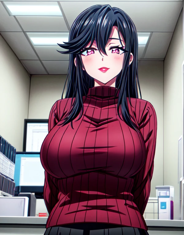 Saori_Autole ,long hair,Saori_Autole ,black hair,(Pink Eyes),A delicate smile,hair between eyes,lipstick,lips,(Sparkling red ribbed sweater:1.1),Sparkling black skirt,( Big Breasts :1.55),(Sparkling,hair),((Alone)),((masterpiece)),(( best quality)),perfect anatomy, Slim Waist , perfect picture, 8K HD Streaming,( beautiful detailed eyes:1.5), very detailed face in light blue underwear, standing,( upper body:1.25),( front desk at the small clinic:1.5), tie your hands behind your back , super detailed, absurd,ultra-highres, office room,indoor,