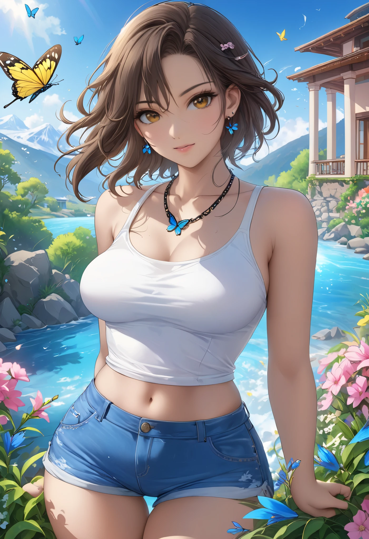 ( best quality,  super detailed,  high definition , masterpiece, 8k), cute single young woman, light brown black medium hair, Hair blows up in the wind ,  beautiful brown eyes ,  Pretty Pink Lips ,  off-shoulder , Mid-chest,   white tank top,  sleeveless, Blue shorts,  anatomically beautiful figure, holding,  earrings for a woman alone,  Necklaces ,  look at me and smile,  full body shot, mountain, river,  blue sky, flower,  blue birds are flying , Blue Butterfly,  yellow butterfly,  vibrant colors, Villa visible ,  detailed illustration art , 