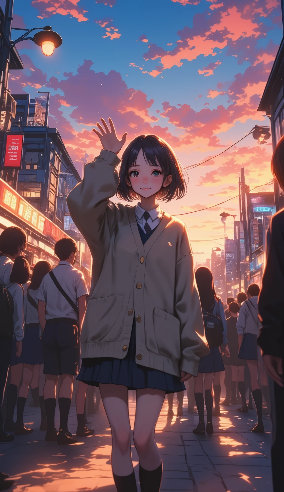  one girl, (Twilight Sky), Stand and wave, School Area, cityscape, scenery,  school cardigan in the midst of crowds, ( Sleeves Are Longer Than Your Wrist ), Strong Loafers, Black ash hair on two sides,  Short Bang ,   Beautiful Dark Eyes  ,  black knee socks ,  Movie Lighting,  upper body, :3,