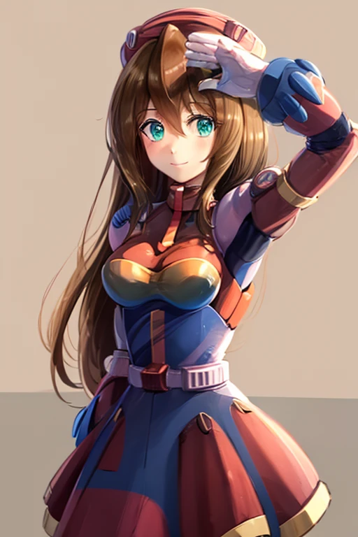 iris_megamanx, 1girl, solo, android, long hair, brown hair, hat, green eyes, white gloves, upper body, high quality, masterpiece, smile