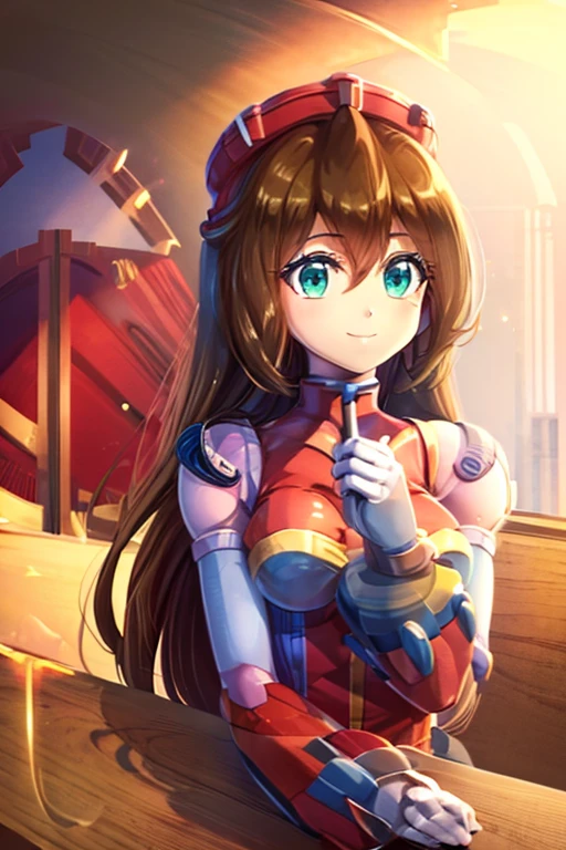 iris_megamanx, 1girl, solo, android, long hair, brown hair, hat, green eyes, white gloves, upper body, high quality, masterpiece, smile