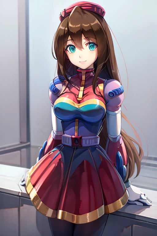 iris_megamanx, 1girl, solo, android, long hair, brown hair, hat, green eyes, white gloves, upper body, high quality, masterpiece, smile