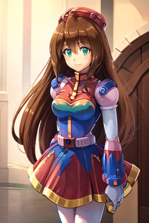 iris_megamanx, 1girl, solo, android, long hair, brown hair, hat, green eyes, white gloves, upper body, high quality, masterpiece, smile