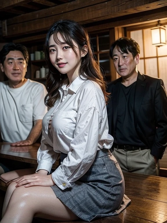  ****ung Japanese woman、( solo focus 、 1 woman is sandwiched between several middle-aged men)、smile、 cute、Drunk、 black hair、Hair clip、 has big breasts、 white cutter shirt 、 gray flare skirt 、（Surrounded by several Japanese middle-aged men )、Drinking 、Exciting、The living room of an old share house、indoor、whole body、 anatomically correct、 masterpiece、 High Quality、 Very detailed、4K