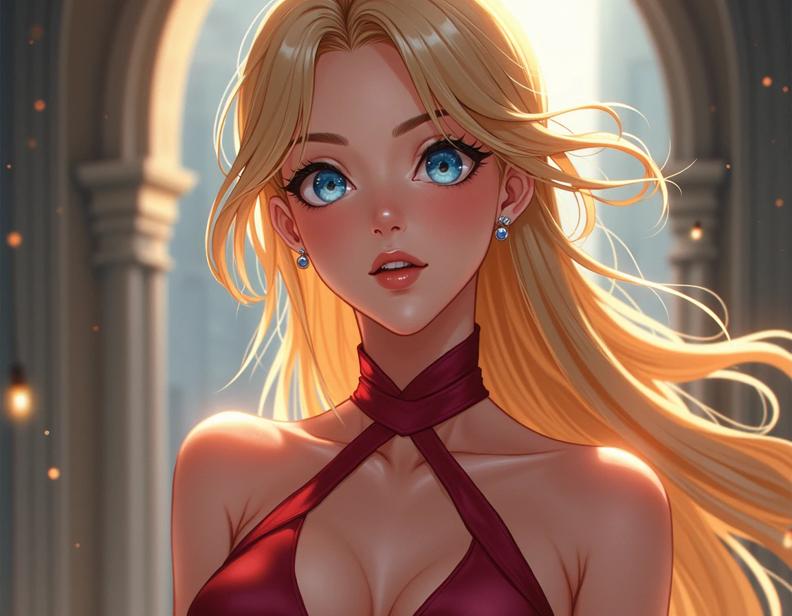 (work of art, best qualityer), Kizi, halfbody, long wavy hair, hair blonde, brown skin, eyes browns, lips, blush, breasts big, neckleace, redgown, bared shoulders (best qualityer, ultra detali, photorrealistic: 1.39), bright and vibrant colors, studio lighting, romantic expression, seducer
