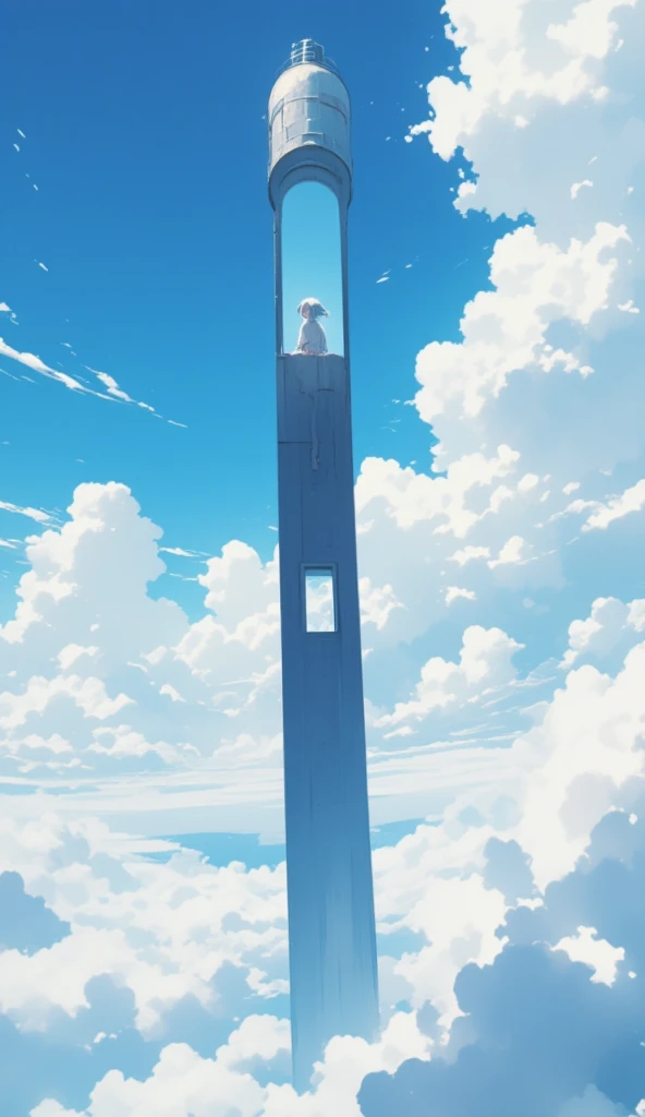  one girl、 best quality、masterpiece、A thin tower stretching high into the sky、Cylindrical tower、sea of clouds、 blue sky、 window with legs 、  Hair Blown in the Wind  、Gray Hair、Girl gazing into the distance、White clothes、barefoot、Full body angle、sea of clouds