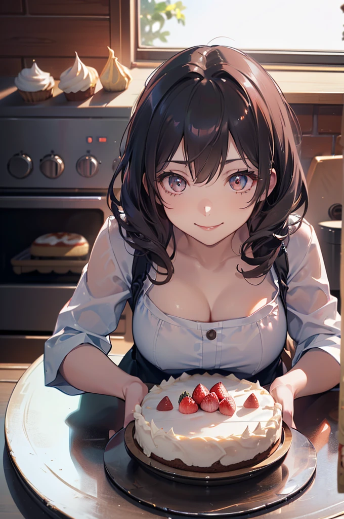 (Dynamic Angle:1.3, Front view:1.1, breast focus:1.3, From above:1.1), (Dynamic pose:1.2, Sexy pose:1.2, Leaning forward), (Captivating smile:1.3), ((Look at the cake, Have a cake,Remove the cake from the oven, Worrying about the outcome:1.2)),highest quality、(Genuine、photoGenuineistic:1.4),(Ultra-high resolution, 8K Raw Photos, Clear focus), highest quality, Natural light, Depth of written boundary, (Bright Eyes, Beautiful eyes in every detail, A face with attention to detail), Red lips, (Tight Focus:1.2), 22-year-old girl, Wearing a pastry chef's uniform , thick, Thin chest, long hair, blue eyes,off-shoulder dress, sweater dress, Off-the-shoulder sweater dress, Red sweater,Garter Stockings, Cleavage:1.2, abdomen, black shorts, black thighhighs, Thigh straps, cute girl, (Very exquisite beautiful face and eyes,Firm breasts),Genuine skin,((black,hair,long pony tail hair)),thin pubic hair,cute,Lovely, Fine grain,(Double-breasted:1.0,Underbust:1.0),(With sparkling eyes and a contagious smile),Open your mouth, View Viewer,Cooking scene in the kitchen