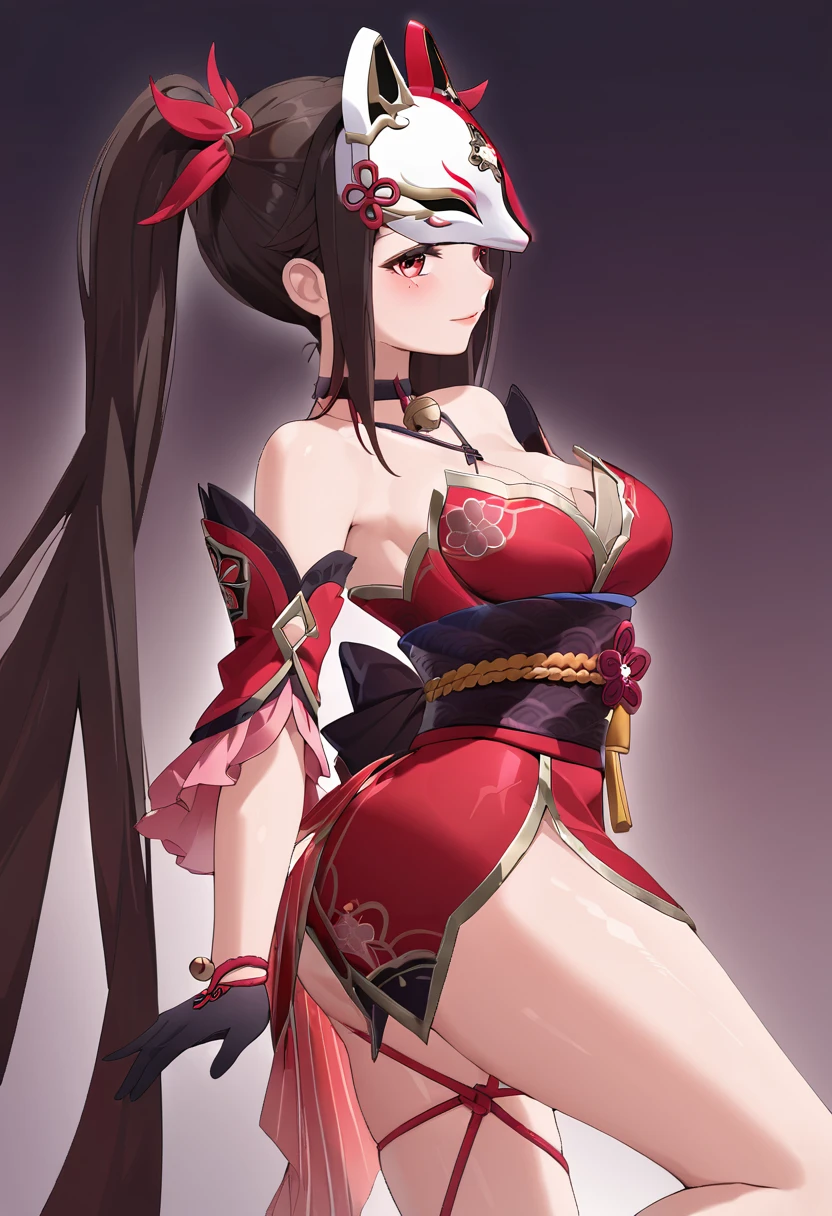 ((best quality, amazing quality, very aesthetic, highres, incredibly absurdres, retouched, smooth lines, excellent color,shiny skin )), twintails, hair ornament, off shoulder kimono, mask on head, detached sleeves, choker, obi, single glove, cross-laced sandals, wristband, criss-cross halter, thigh strap
