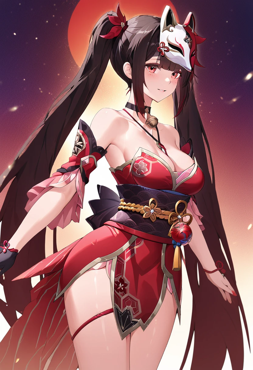 ((best quality, amazing quality, very aesthetic, highres, incredibly absurdres, retouched, smooth lines, excellent color,shiny skin )), twintails, hair ornament, off shoulder kimono, mask on head, detached sleeves, choker, obi, single glove, cross-laced sandals, wristband, criss-cross halter, thigh strap
