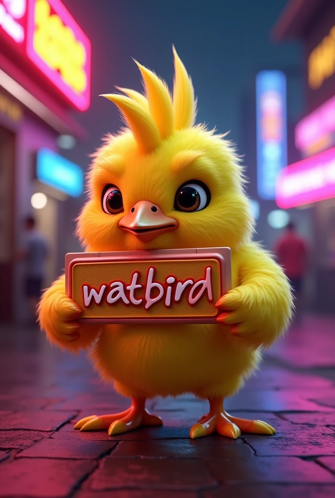 An yellow colour watbird with greedy face holding NFT in one hand. WATBIRD written on NFT. Looks realistic with neon lights. 8k ultra hd