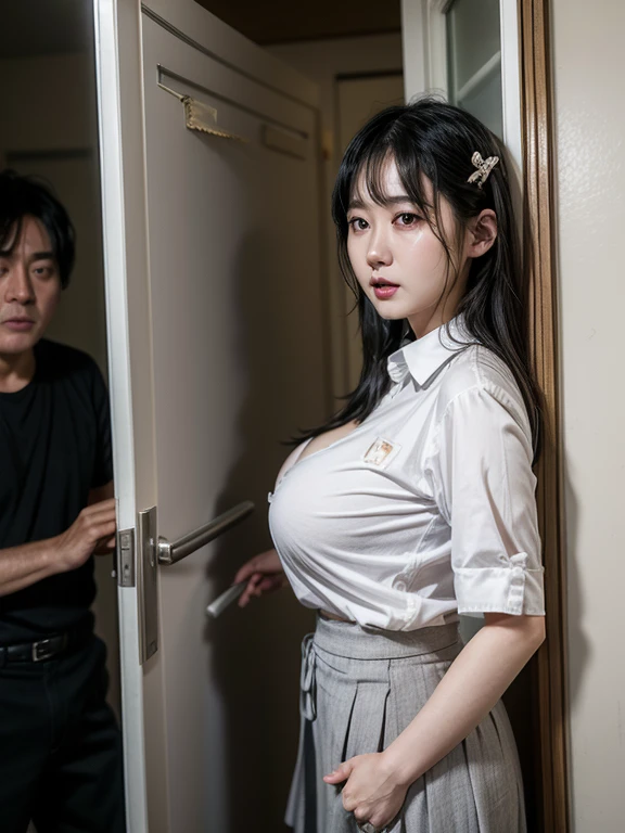  ****ung Japanese woman、 cute、Drunk、 black hair、Hair clip、 has big breasts、 white cutter shirt 、 gray flare skirt 、A displeased middle-aged man is peeking out the door、My room 、indoor、whole body、 anatomically correct、 masterpiece、 High Quality、 Very detailed、4K