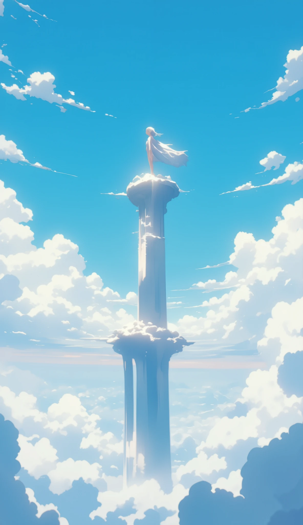  one girl、 best quality、masterpiece、A thin tower stretching high into the sky、Cylindrical tower、sea of clouds、 blue sky、 window with legs 、  Hair Blown in the Wind  、Gray Hair、Girl gazing into the distance、White clothes、barefoot、Full body angle、sea of clouds