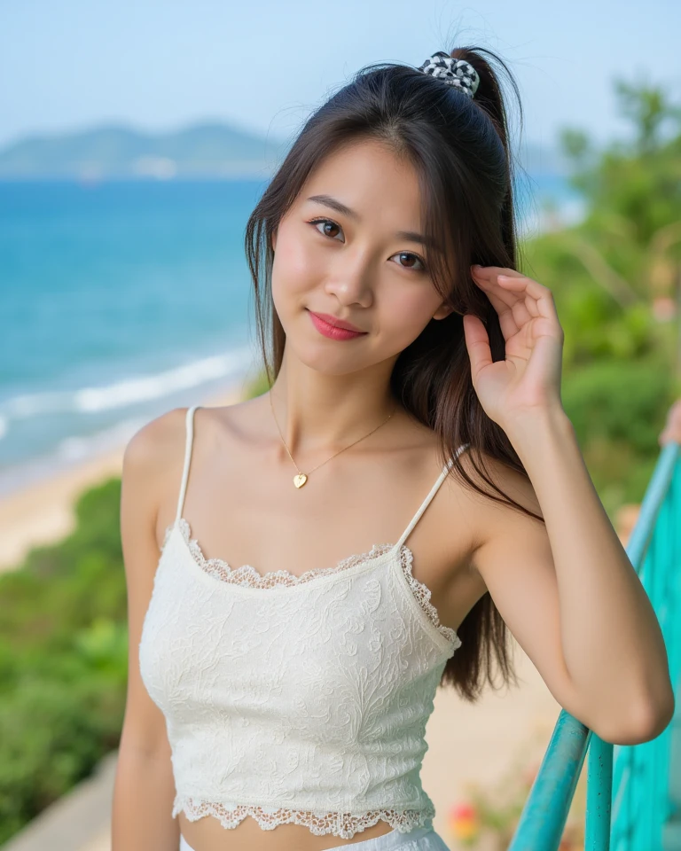 1 girl, alone, looking at the viewer, blonde long hair, hair is tied up, (sheer bra, See-through:1.2), shorts jeans, brown eyes, Coastal rocky background, small breast , smile, realistic, masterpiece, 最high quality, high quality, High resolution,