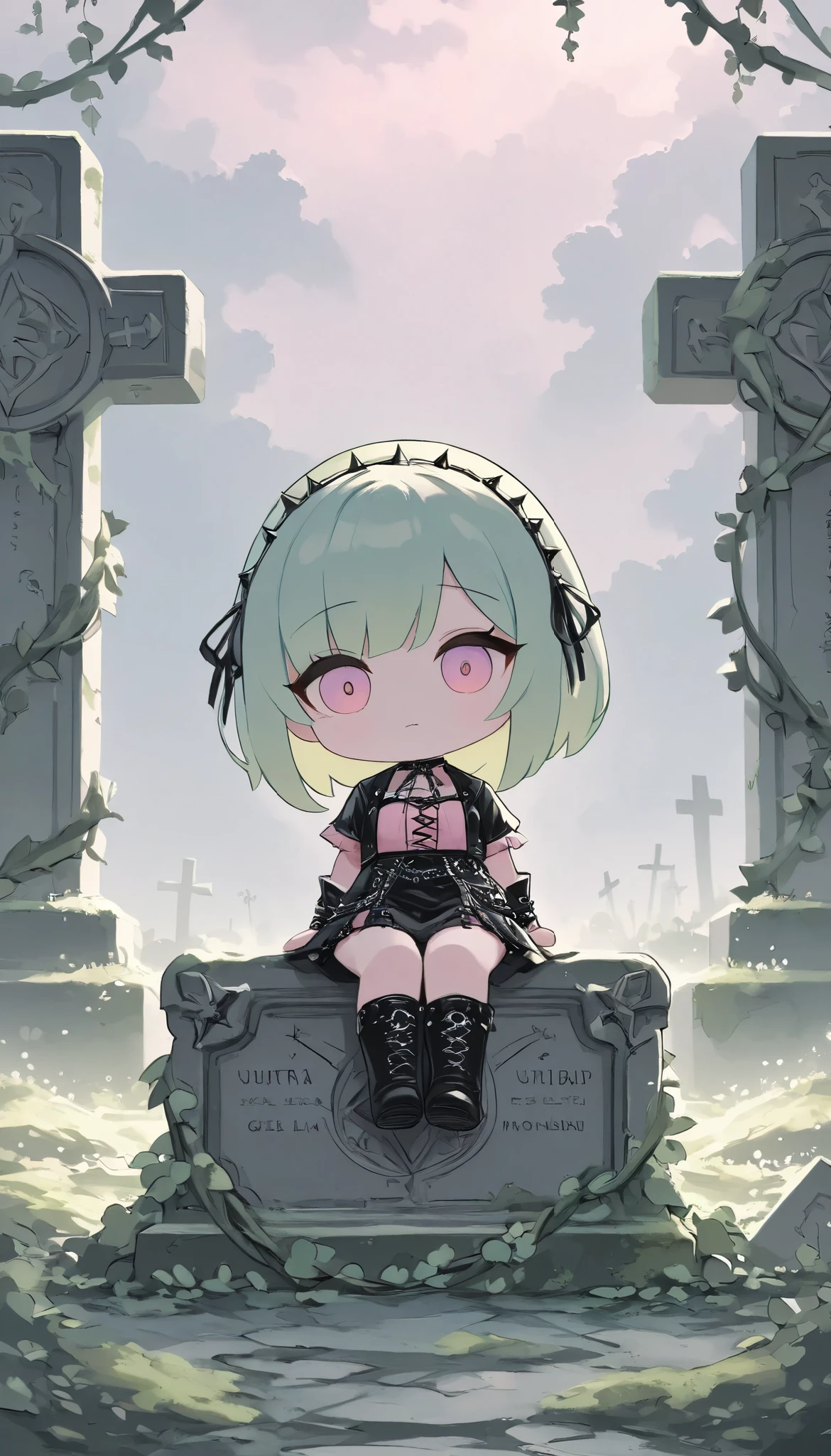 masterpiece, best quality, 8k, highres, ultra-detailed,HDR, UHD, professional,pastel
theme color green, gothic atmosphere, somber girl sitting on a tombstone, chibi,black and pink outfit with punk details, chains and pentagrams, knee-high boots, mysterious graveyard setting, overcast sky, faint moonlight, weathered gravestones, vines and moss, melancholic expression, intricate design, eerie yet calm mood, softly falling leaves