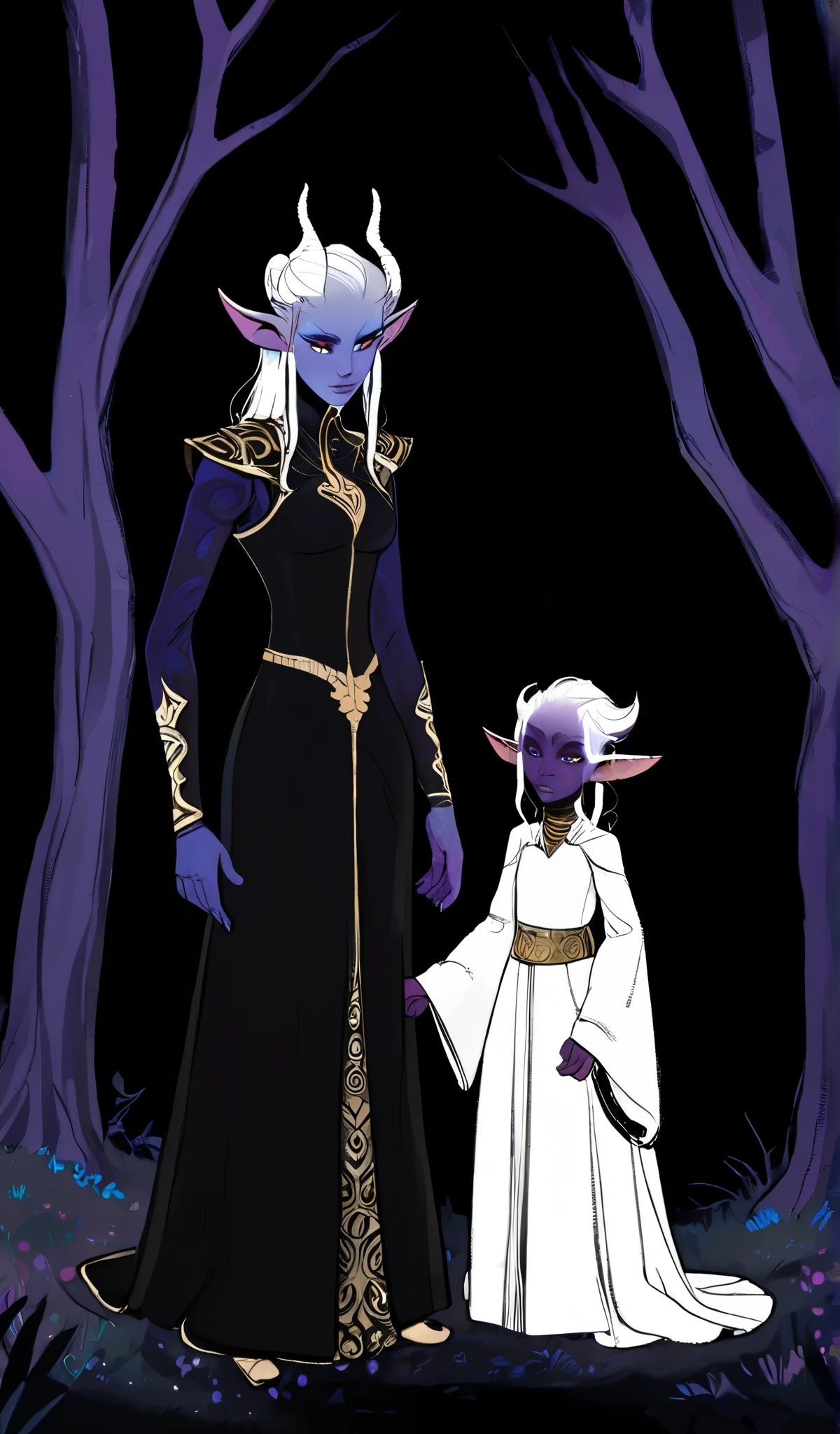 there is a drawing of a woman, tiefling woman, demonic horns, purple skin, full body portrait, standing in a black background with blue trees: 1.5, long straight white hair:1.5, yellow eyes:1.5, vibrant medieval dress, hyper detailed hands, holdind a tiefling baby: 1.5, motherhood, hyper dynamic angle pov, extreme view from above, a digital painting inspired by Will Barnet, by Magalli Villaneneu, tumblr, Digital Art, solo portrait 🎨🖌️, digital similar to Kemono, digital drawing, Digital Art