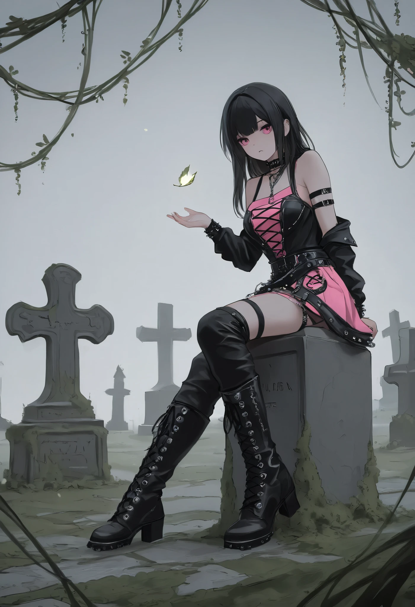 masterpiece, best quality, 8k, highres, ultra-detailed,HDR, UHD, professional,
gothic atmosphere, somber girl sitting on a tombstone, black and pink outfit with punk details, chains and pentagrams, knee-high boots, mysterious graveyard setting, overcast sky, faint moonlight, weathered gravestones, vines and moss, melancholic expression, intricate design, eerie yet calm mood, softly falling leaves