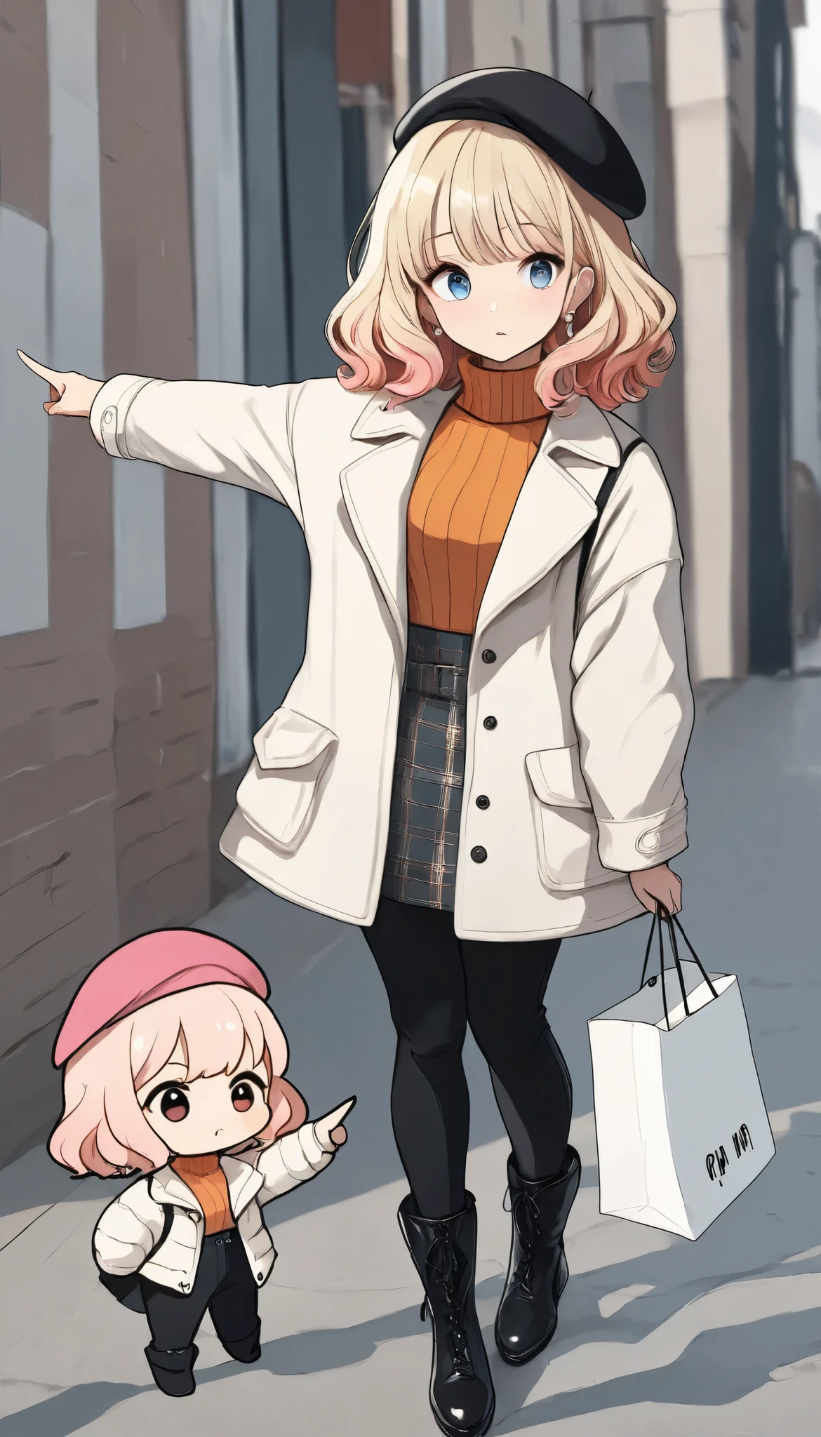 masterpiece, best quality, 8k, highres, ultra-detailed,HDR, UHD, professional,pop art,illustration, pop art,best quality, 2girls,chibi, short hair, wavy hair, blonde hair, pink hair, beret, black beret, pink beret, winter outfit, white coat, plaid skirt, thigh-high boots, brown crossbody bag, shearling jacket, orange turtleneck, high-waisted pants, black ankle boots, holding shopping bag, arm in arm, pointing gesture, casual style, urban setting, bright lighting, fashion-focused