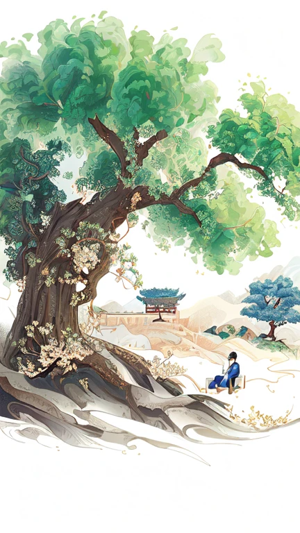 painting of a man Sitting under a tree with a book, Korean Artist, Read under the tree,by Pu Hua,  a beautiful art illustration ,  Chinese Artists, Ancient Trees, Sitting under a tree, Chinese national tide style