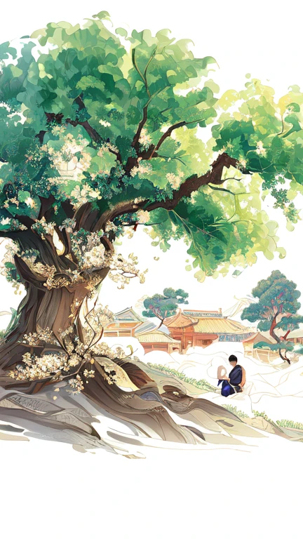 painting of a man Sitting under a tree with a book, Korean Artist, Read under the tree,by Pu Hua,  a beautiful art illustration ,  Chinese Artists, Ancient Trees, Sitting under a tree, Chinese national tide style