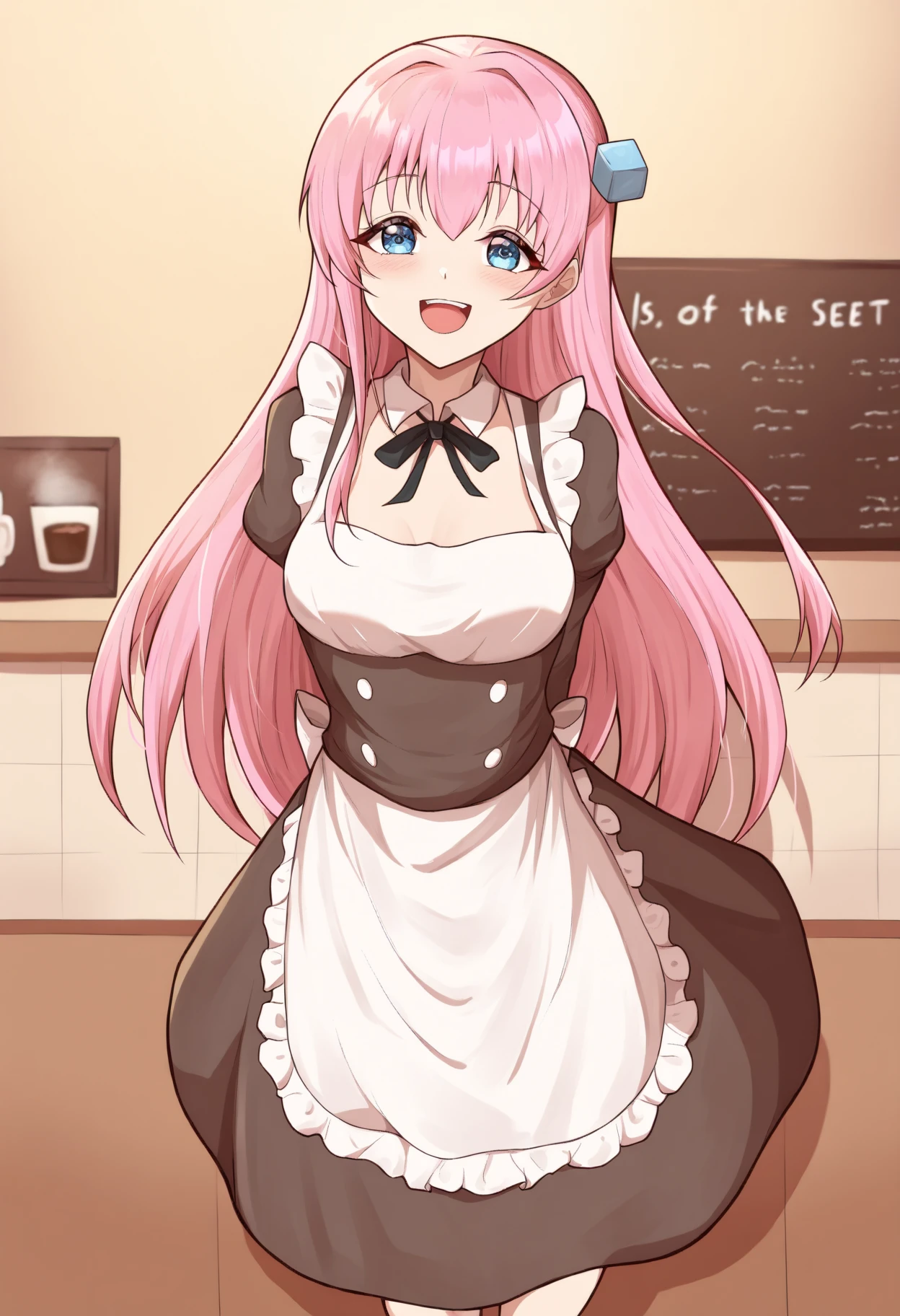 1 Girl,  unique , Goto History , Long hair,  pink hair ,  blue eyes , maid, apron, skirt, Cube Hair Accessories, Open your mouth,  Smile, Coffee Shop,  is of the best quality,  Amazing Quality ,  is very beautiful,