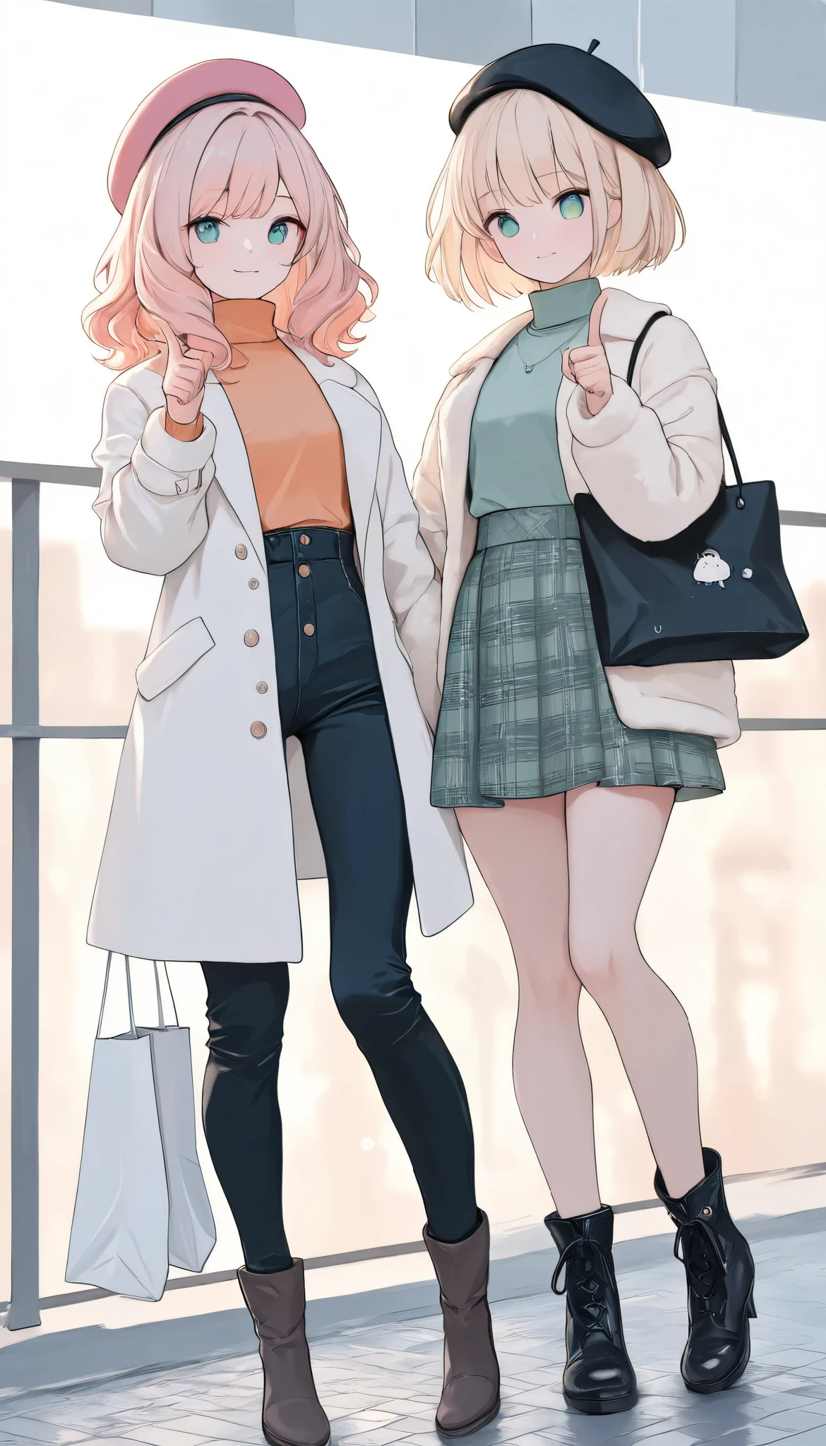 masterpiece, best quality, 8k, highres, ultra-detailed,HDR, UHD, professional,pastel
theme color green,illustration, best quality, 2girls,chibi, short hair, wavy hair, blonde hair, pink hair, beret, black beret, pink beret, winter outfit, white coat, plaid skirt, thigh-high boots, brown crossbody bag, shearling jacket, orange turtleneck, high-waisted pants, black ankle boots, holding shopping bag, arm in arm, pointing gesture, casual style, urban setting, bright lighting, fashion-focused
