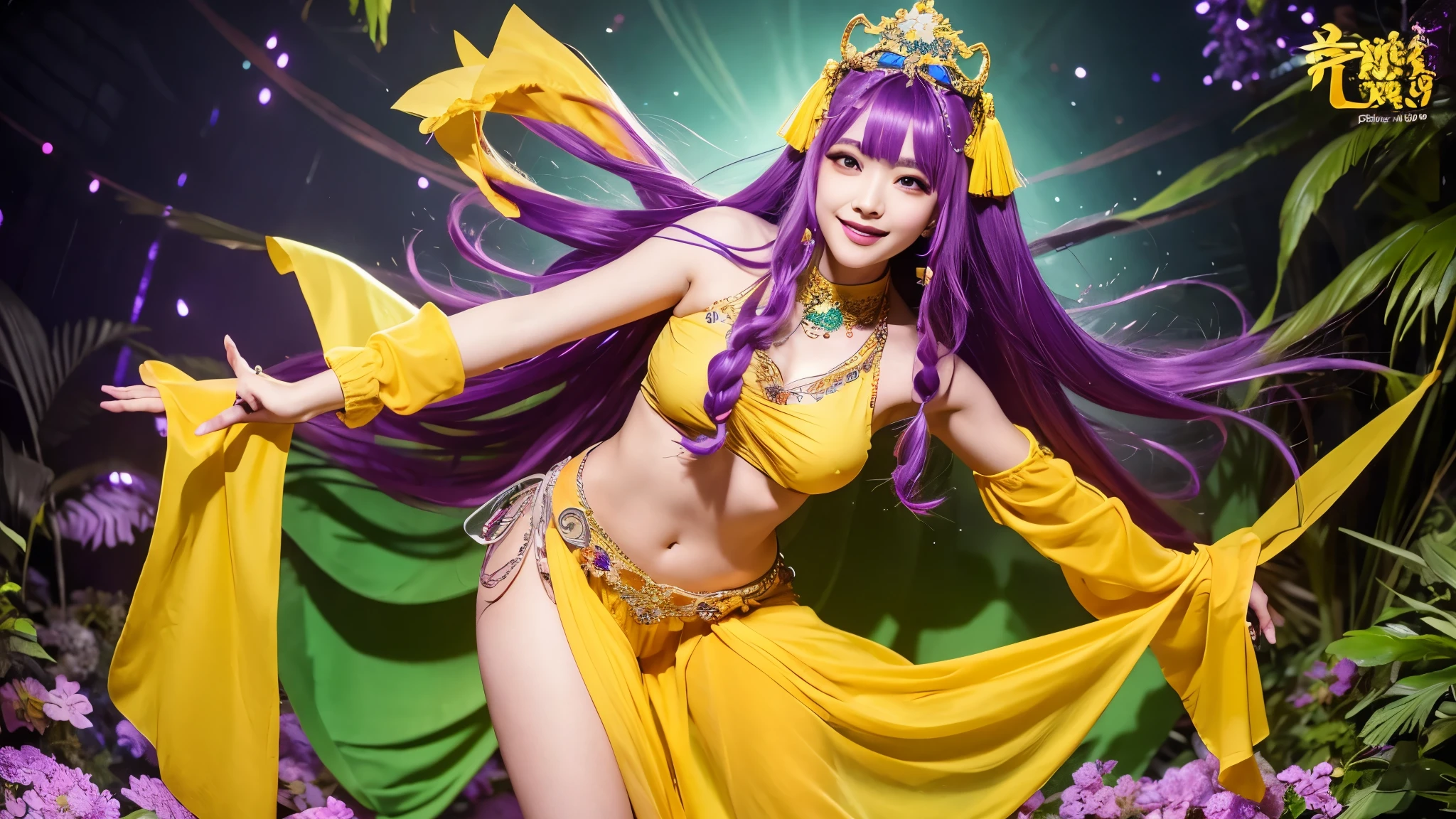 sexy golden princess who controls poison、beautiful smile、lipgloss、long lashes、intense makeup、look at the camera、full body Esbian、、sparkling poisoned flower costume、、、、shiny sparkling multicolor hair、secrete poison、skull hair accessories、fishnet tights、shiny sparkling dark magic forest background