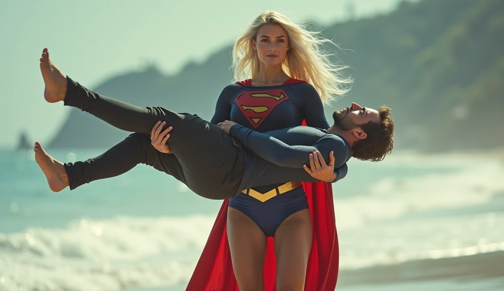 Milf lady fighting with superman on river and behind waterfall and rainy weather