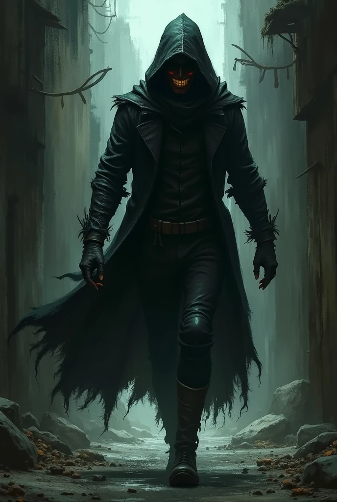 "Capture an intriguing image of a non-human supernatural entity. The subject is a man with a scarecrow hat, Vestido completamente de preto, com luvas e botas acima de tudo. He exudes a demonic appearance, com o olhar de um necromante, representing a supernatural carnivorous entity. Utilize exceptional camera quality (RSEEmma:1.5) to highlight every detail of the dark costume and demonic features in high resolution. Configure cinematic lighting to intensify the dark tone of the scene, with a slightly elevated twilight to add a mysterious and sinister atmosphere. This image is intended to convey the formidable and supernatural presence of the entity, com detalhes realistas e qualidade visual impressionante. It will be aimed at an audience that appreciates the fantastic and artistic aspect of supernatural representations."