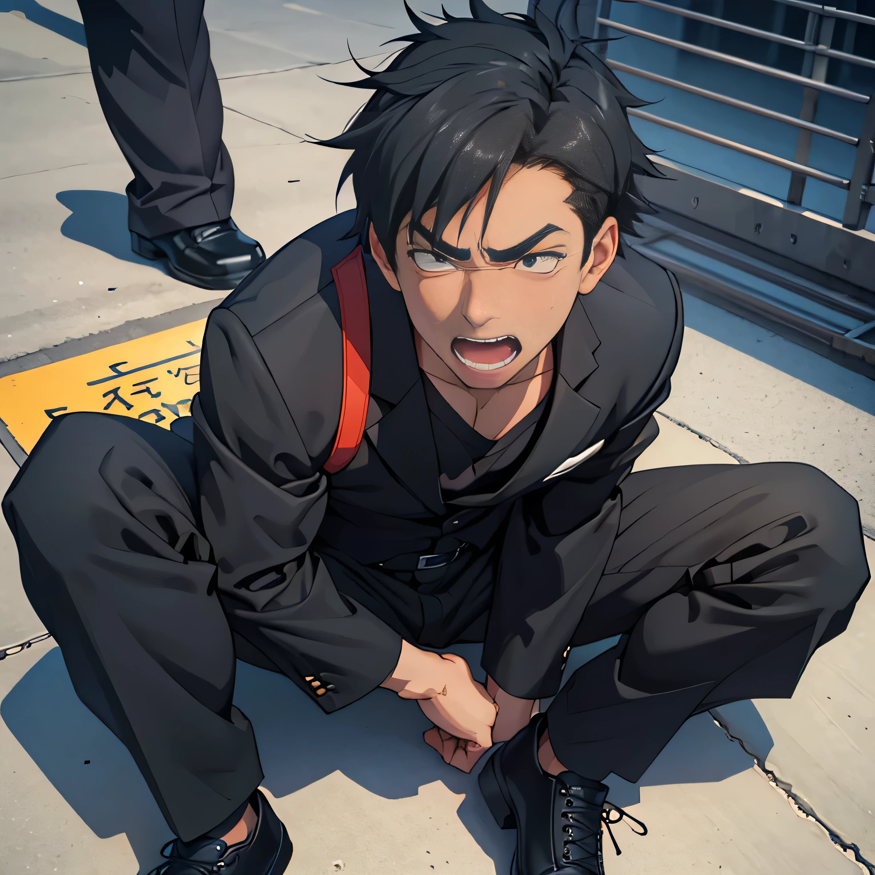 20 years old,, Simple Black Single Suit ,  lying on the ground  ,Spread your legs wider,black belt,Black socks,Black leather shoes,logic, Gay , black hair, Shorthair, thick eyebrows,Stubble, Lightly Set Your Hair with Wax , Hachiman Hachiman,Masculine,salaryman,Mob characters,Bad Actor , The crotch part of the pants is bulging, Erotic 3D Finish , 　View from above　Open your mouth wide and scream　 face up 　　 painful face